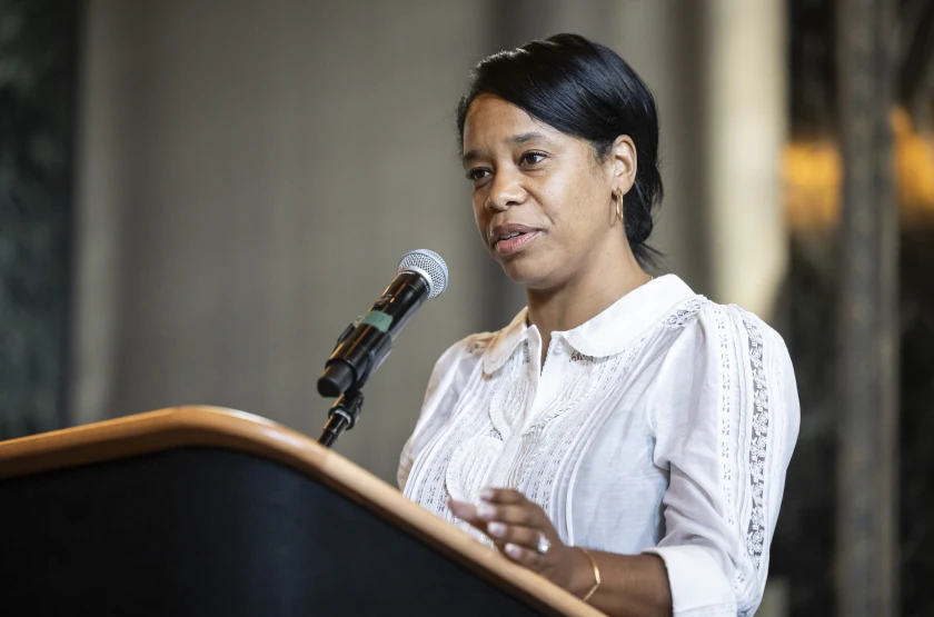 Chicago cultural commissioner Clinée Hedspeth speaking at City Hall